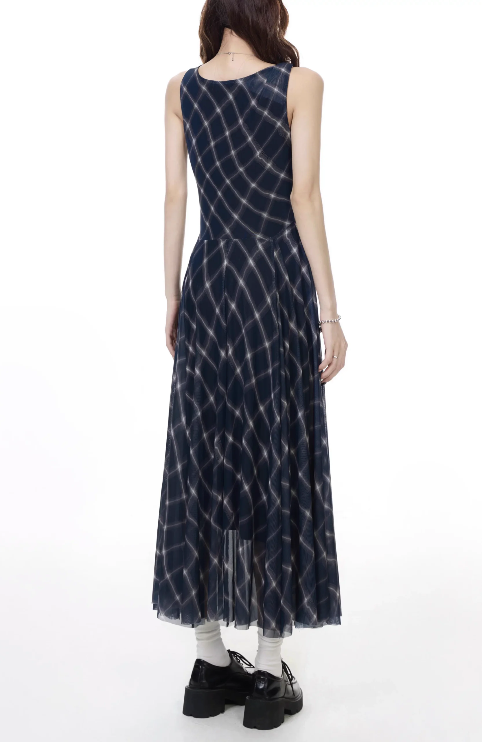 Blue plaid round neck dress!!829674676 Blue plaid round neck dress