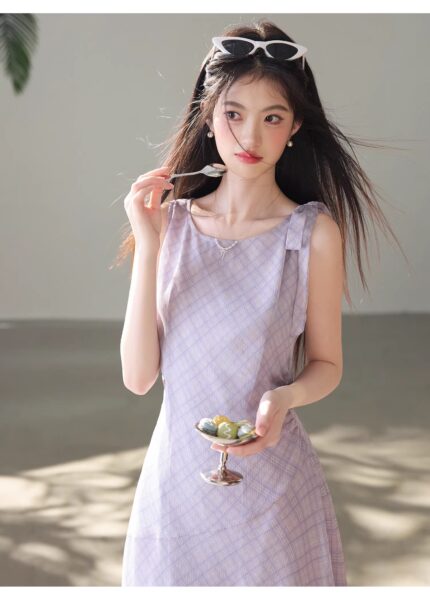 French retro woven irregular suspender sleeveless dress