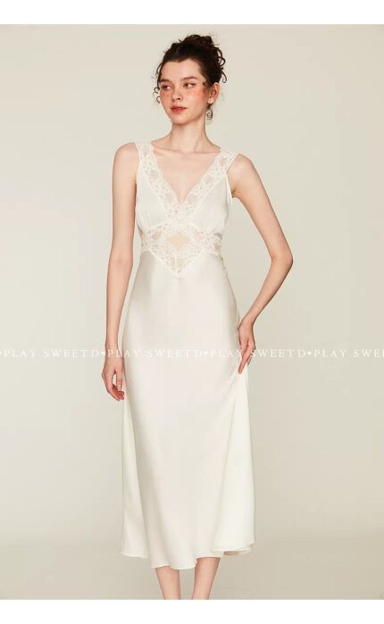 French white light luxury sexy hollow satin lace camisole skirt