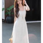 Heavy industry full width three-dimensional embroidery French U-neck dress, white wide shoulder strap long skirt