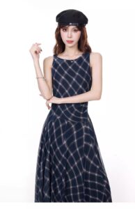 Blue plaid round neck dress