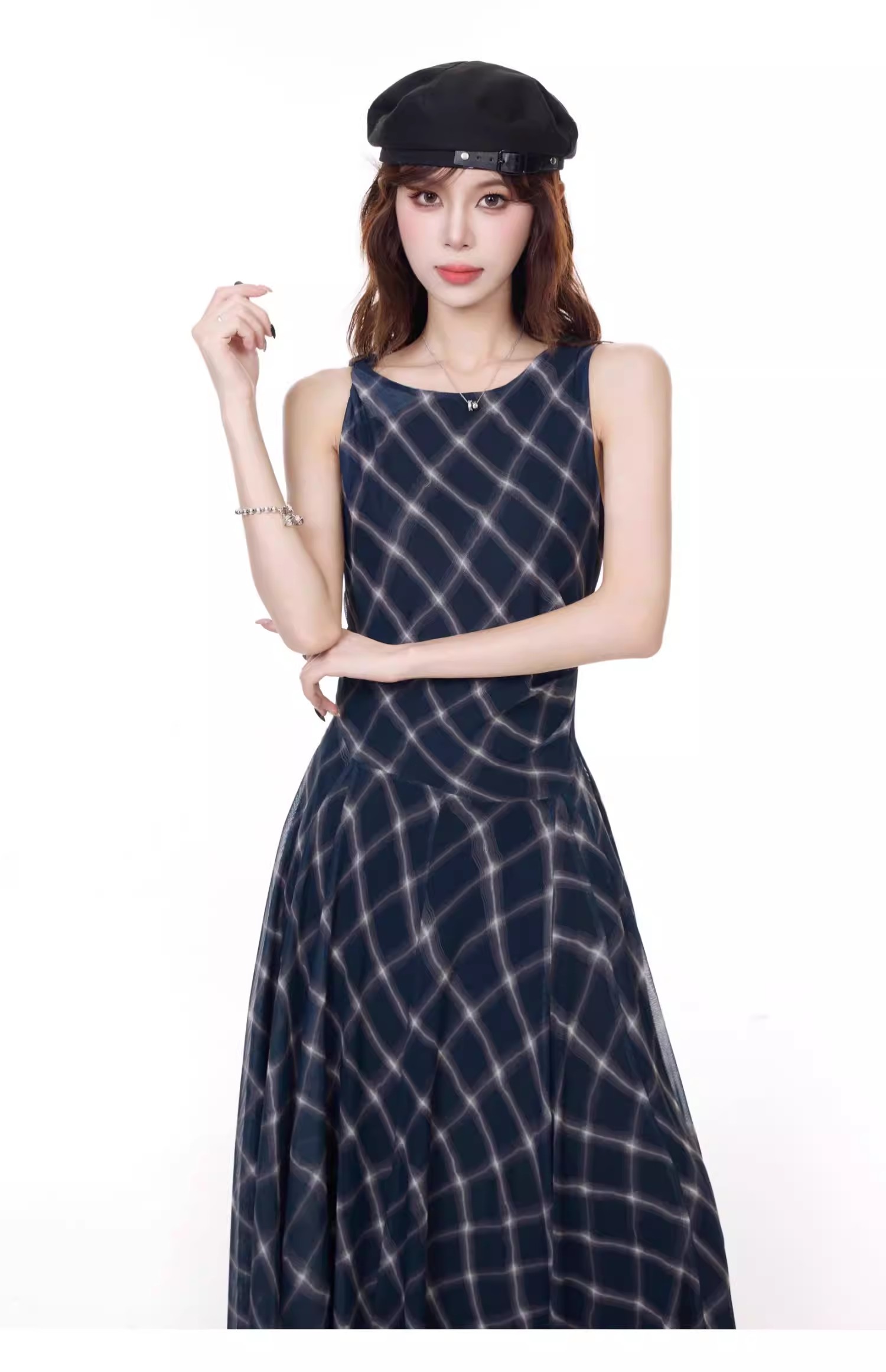 Blue plaid round neck dress Blue plaid round neck dress