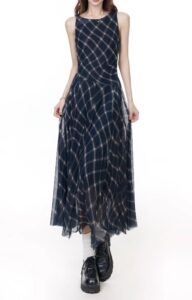 Blue plaid round neck dress