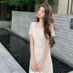 Elegant temperament hollow butterfly apricot white dress