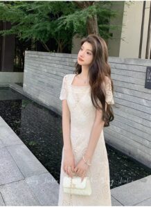 Elegant temperament hollow butterfly apricot white dress