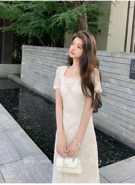 Elegant temperament hollow butterfly apricot white dress