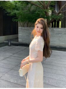 Elegant temperament hollow butterfly apricot white dress