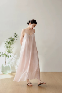 Romantic Pink Natural Ramie A-line Strap Dress