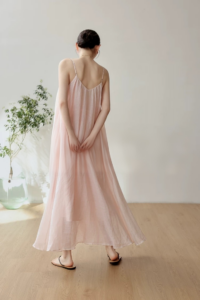 Romantic Pink Natural Ramie A-line Strap Dress