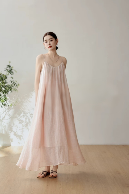 Romantic Pink Natural Ramie A-line Strap Dress