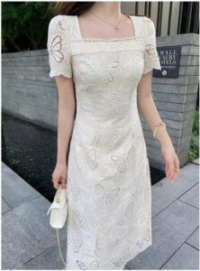 French elegant temperament hollow butterfly apricot white dress