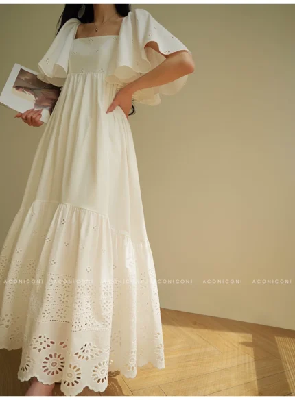 Gentle vacation style lace hollow embroidery dress