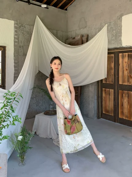 New Chinese style printed camisole dress