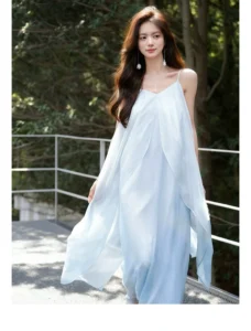 Double layered elegant lotus leaf edge romantic vacation fairy dress