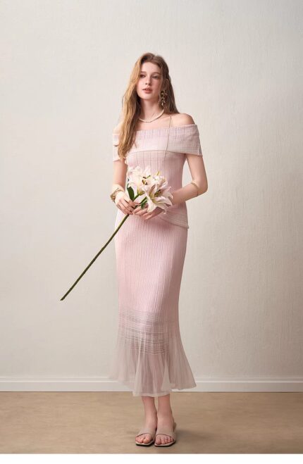 26SS Design "Mansha Series" - One Shoulder Top and Half Skirt Set with rhinestone embellishment and gradient texture, romantic twisted flower perforations light and graceful