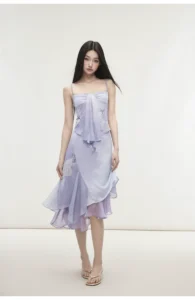 Mesh printed suspender lace double-layer skirt