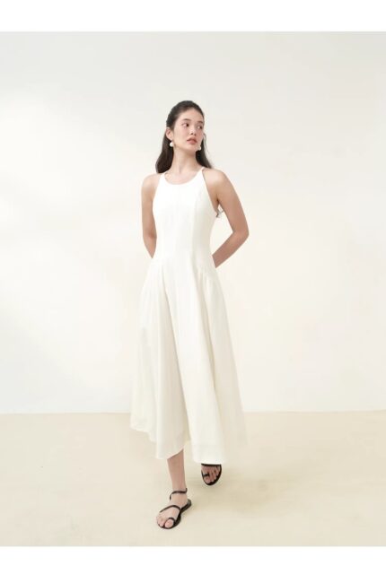 French romantic white Lyocell linen dress long skirt