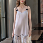 Female spring lace bow 100% mulberry silk suspender nightgown