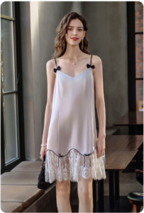 Female spring lace bow 100% mulberry silk suspender nightgown