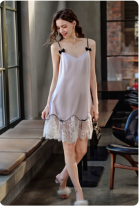 Female spring lace bow 100% mulberry silk suspender nightgown