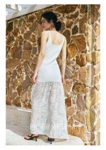 Square neckline, sleeveless lace-accented halter dress