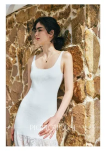 Square neckline, sleeveless lace-accented halter dress