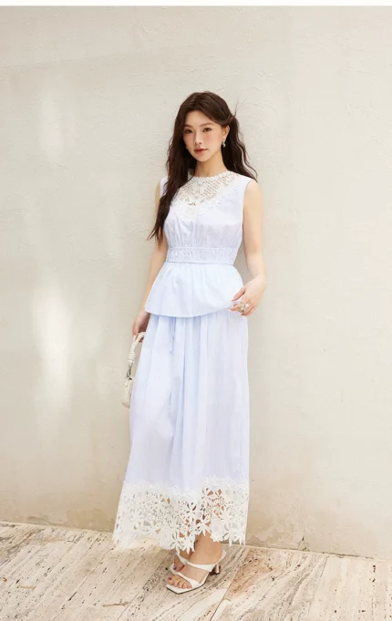 Holiday style striped lace top+half skirt+camisole skirt