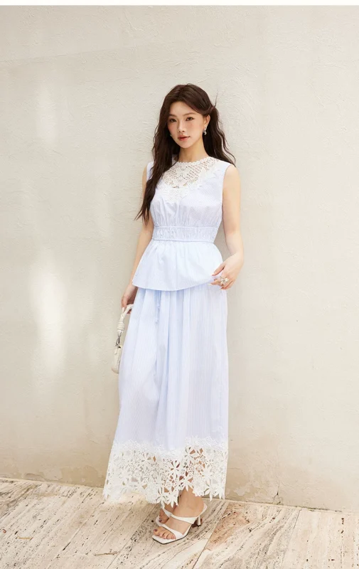 Holiday style striped lace top+half skirt+camisole skirt