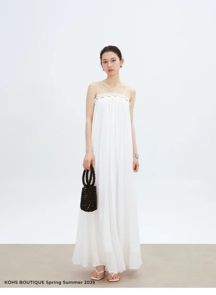 Hollow out lace style spliced large skirt suspender dress