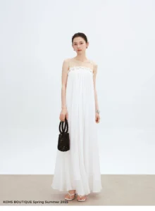 Hollow out lace style spliced large skirt suspender dress