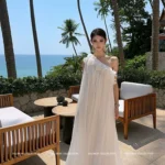 Three dimensional island silk smooth lace sloping shoulder dress Born out of genuine needs