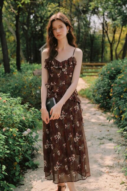 Retro V-neck ruffle print flowing skirt suspender dress