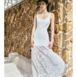 Square neckline, sleeveless lace-accented halter dress