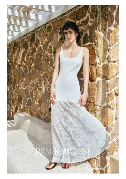 Square neckline, sleeveless lace-accented halter dress