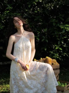 Chiffon wrinkled three-dimensional embroidered hanging neck off shoulder dress