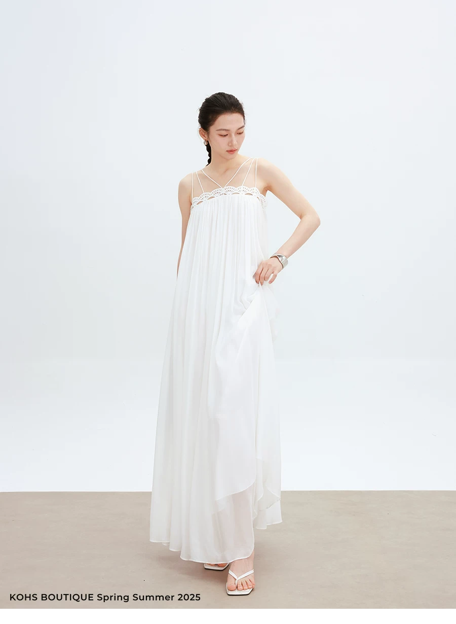 Hollow out lace style spliced large skirt suspender dress Hollow out lace style spliced large skirt suspender dress