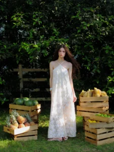 Chiffon wrinkled three-dimensional embroidered hanging neck off shoulder dress