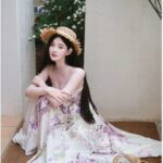 Hand drawn wisteria printed strapless skirt set