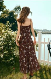 Retro V-neck ruffle print flowing skirt suspender dress