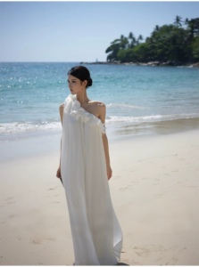 Three dimensional silky smooth lace sloping shoulder dress