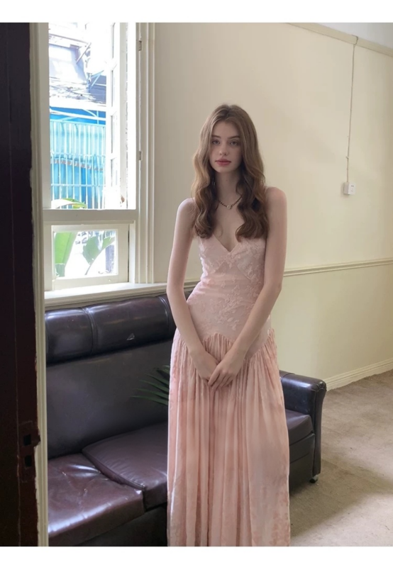 Original Pink Jacquard Thin Strap Dress