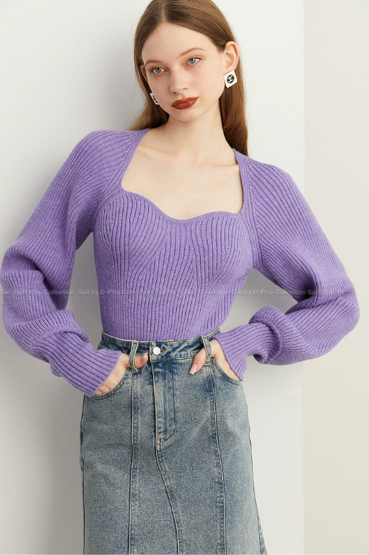 High end dopamine French square neck knitted sweater top for women High end dopamine French square neck knitted sweater top for women