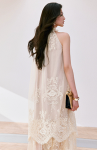 French retro mushroom edge hanging neck long sleeveless dress