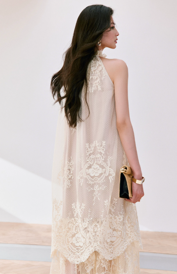 French retro mushroom edge hanging neck long sleeveless dress French retro mushroom edge hanging neck long sleeveless dress