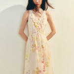 French romantic hollow out embroidered dress with printed oil painting long skirt