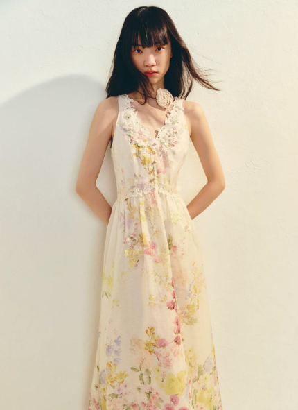 French romantic hollow out embroidered dress with printed oil painting long skirt