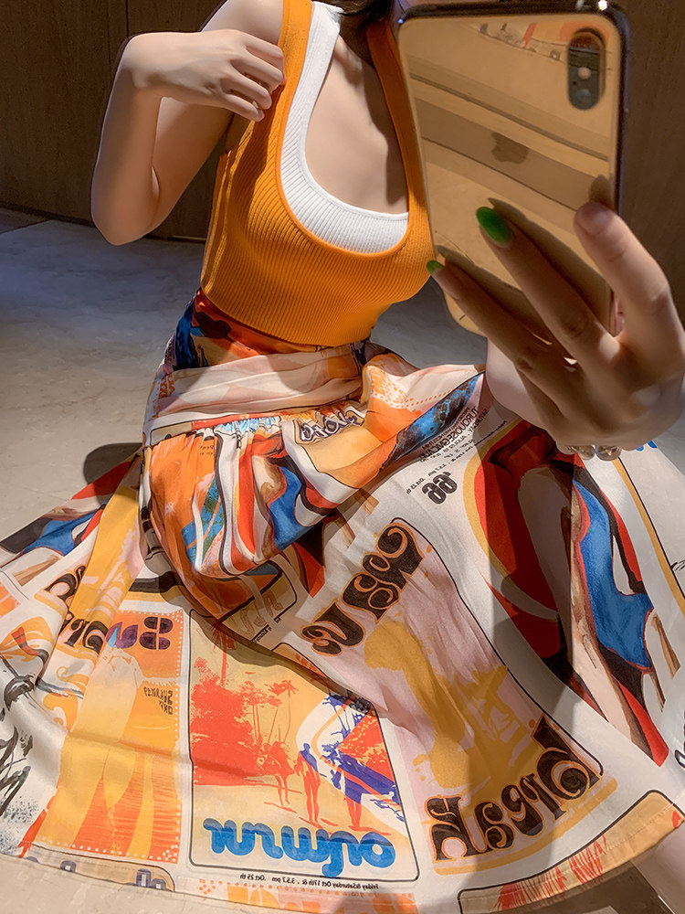 Retro style high-end oil painting printed high waisted skirt Retro style high-end oil painting printed high waisted skirt