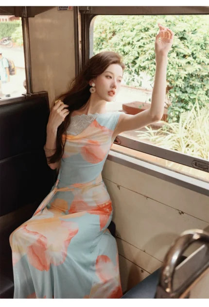Printed ribbon silk high-quality dress
