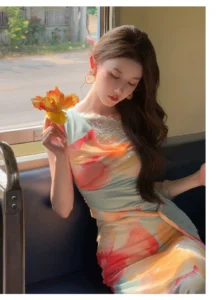 Printed ribbon silk high-quality dress