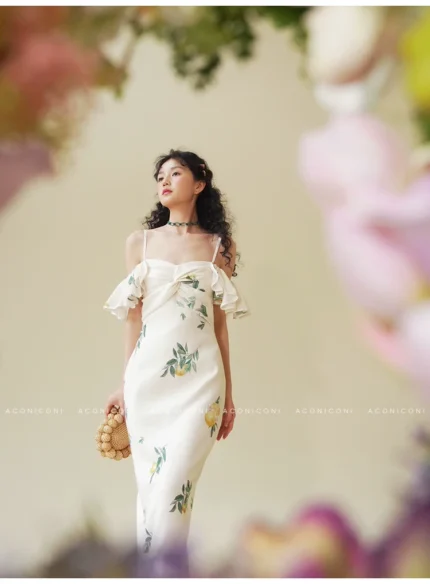 Lemon print camisole one shoulder vacation style dress dress